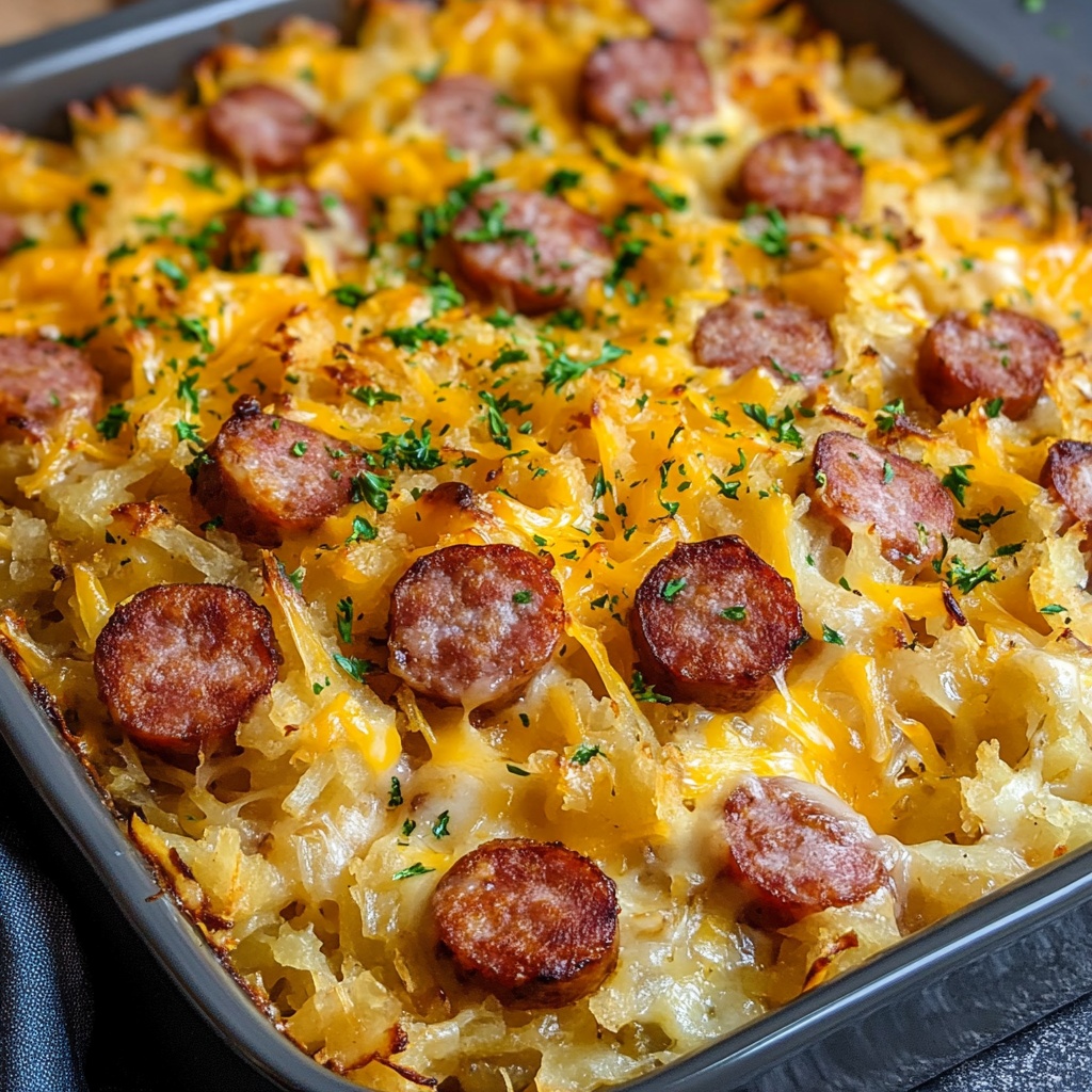 Delicious Cheesy Sausage Hashbrown Bake