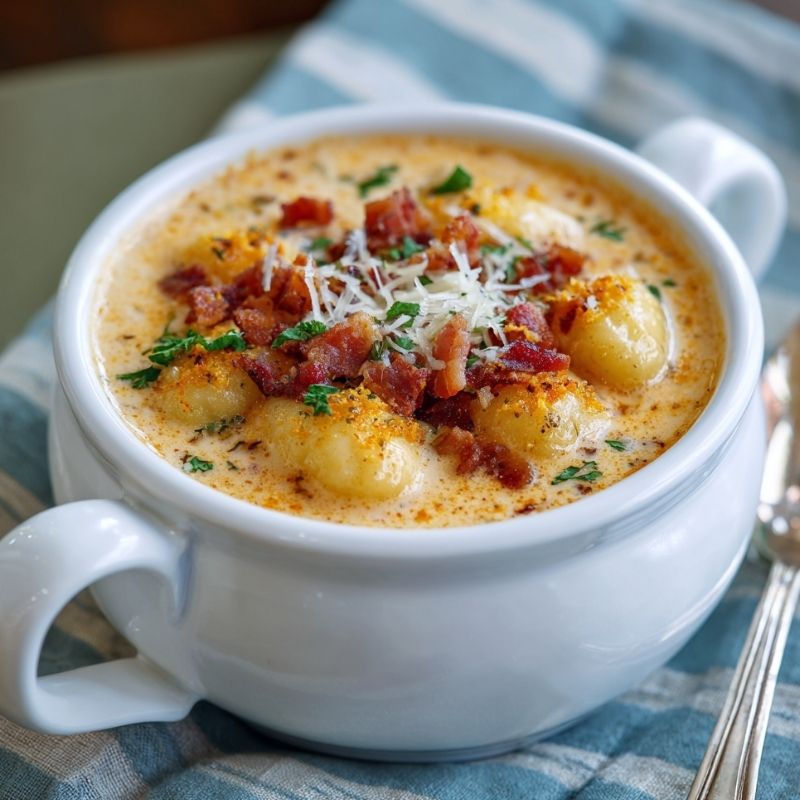 Velvety Bacon Cheddar Gnocchi Soup