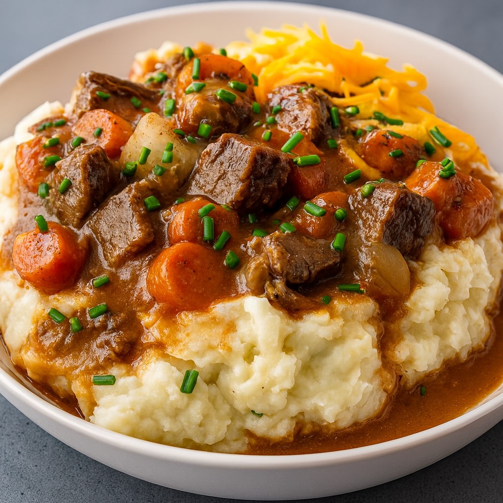 Rustic Fall Apple Cider Beef Stew Over Mashed Potatoes Dinner