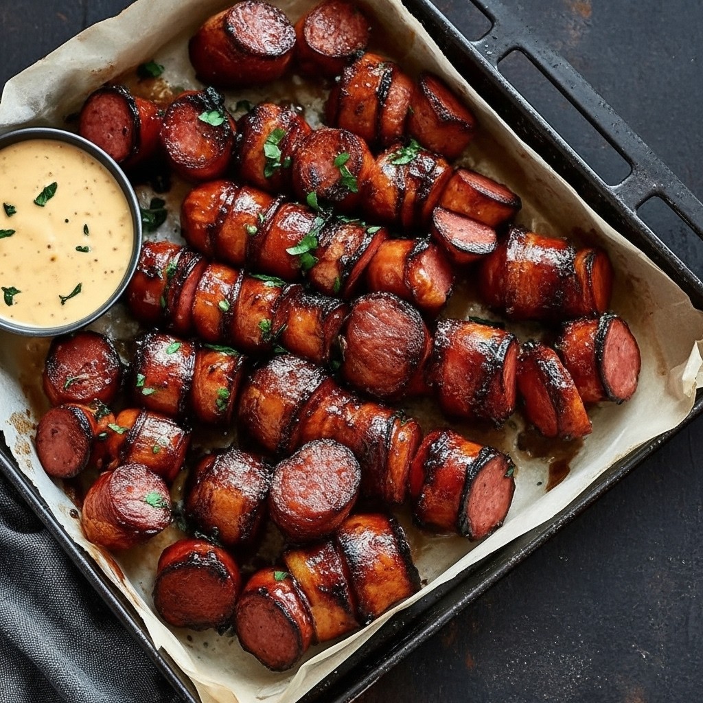 Smoky Mustard Hasselback Kielbasa Bites