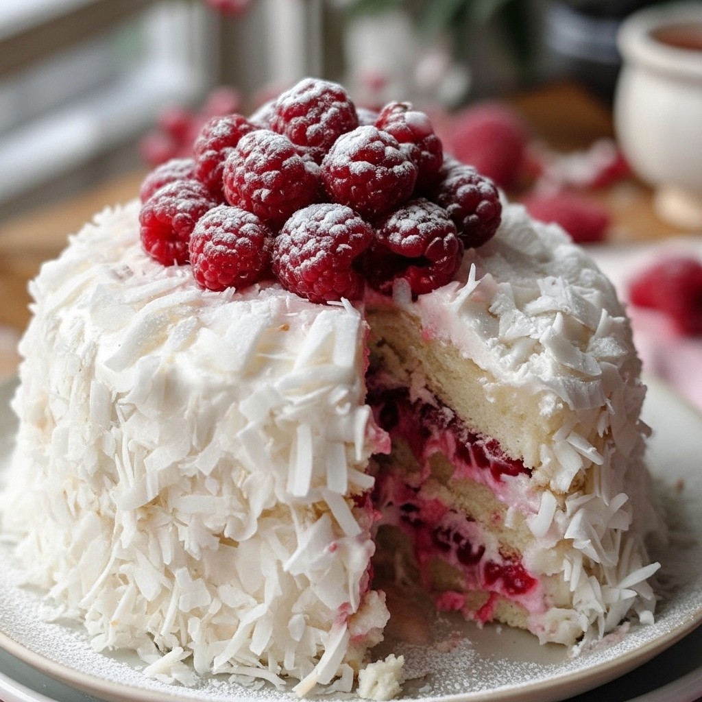 Cozy Raspberry Coconut Snowball Cake