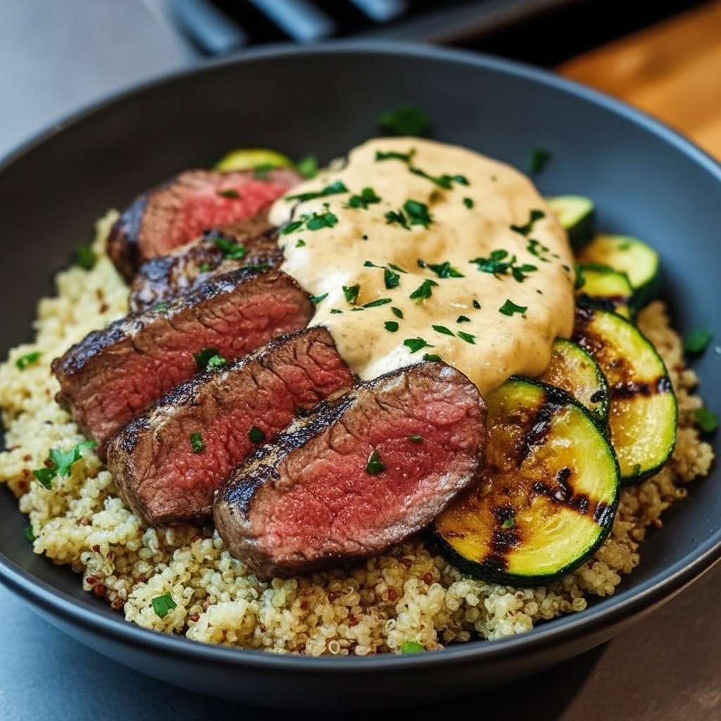 Decadent Grilled Steak Bowl With Sauce And Grilled Zucchini