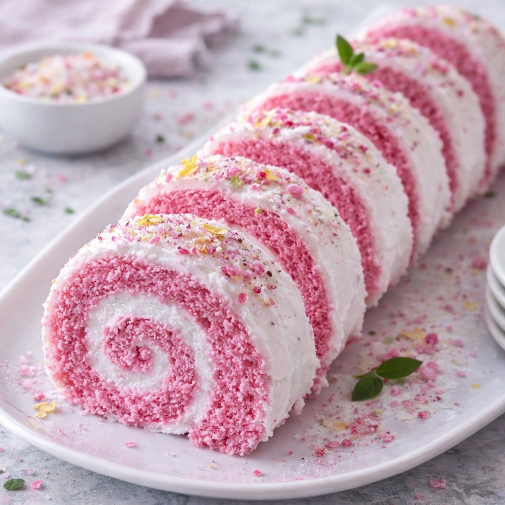 Moist Pink Velvet Cake Roll With Creamy Frosting